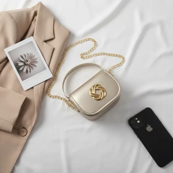 Mini Bolsa Feminina Preta com Metal de Flor Dourado – Elegante e Sofisticada
