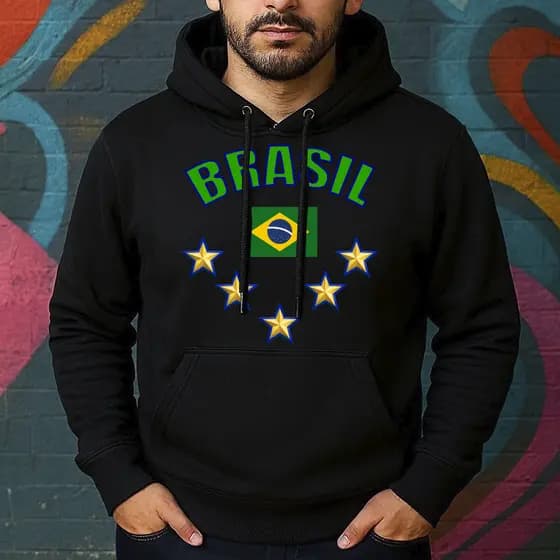 Blusa de Moletom Estampada Brasil Time Canguru Masculina Confortável Do Tamanho P ao GG