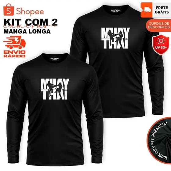 KIT 2 Camisetas Manga Longa MUAY THAI Dry-Fit Slim Anti-Suor Esportes Treino Academia MMA Unissex