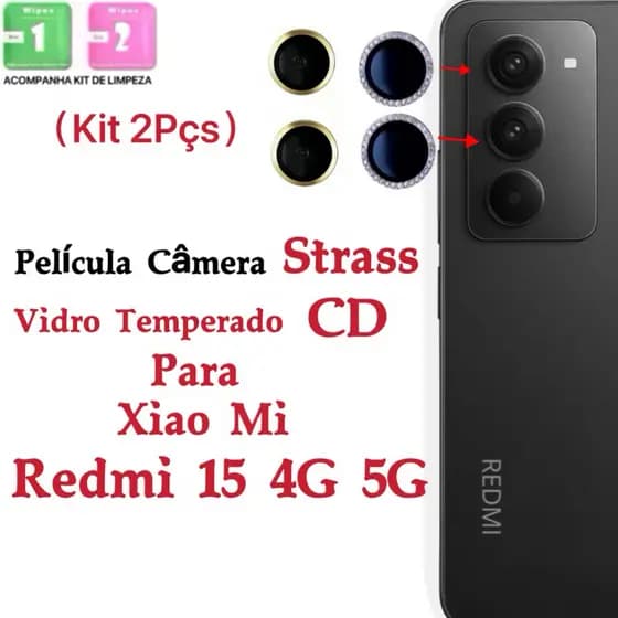 Kit (*2Pçs) Película Câmera Para Xiao Mi Redmi 15 4G 5G Diamante Anel Metal protetor lente Traseira Vidro Temperado