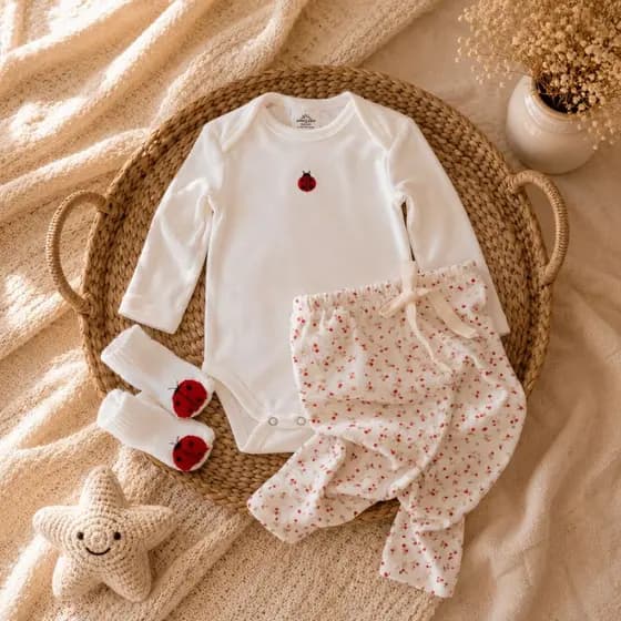 Conjunto 3 peças bebê inverno outono Joaninha Boho Estiloso Minimalista Enxoval maternidade menina