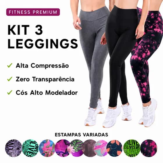 Kit 3 Leggings Feminina Cintura Alta Modeladora Não Transparente Suplex Alta Compressão Academia Fitness Premium