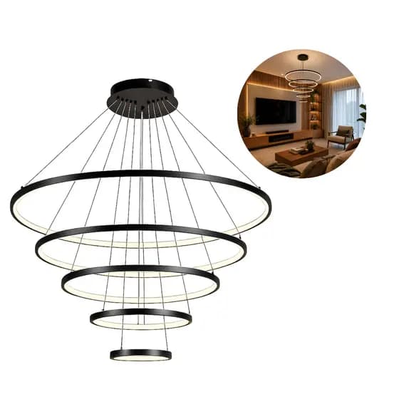Lustre Led Luminária Pendente 5 Arcos Moderno Anéis Preto Bivolt 160W Com Controle Brinovar