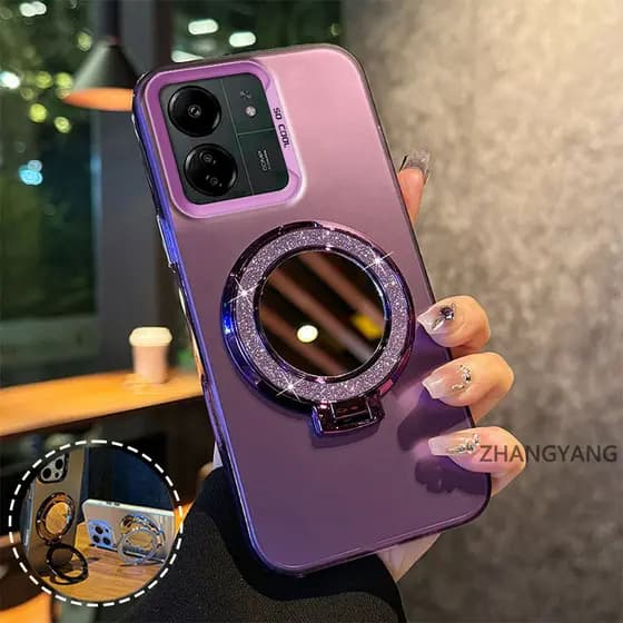 Capa Para Redmi 13c Silicone Fosco TPU De Telefone Estética Espelho Função Suporte Novo design anti Queda Caso Macio