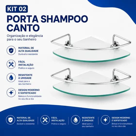 Kit 2 Prateleiras Vidro Banheiro Porta Shampoo Alumínio 6mm Box Lavabo