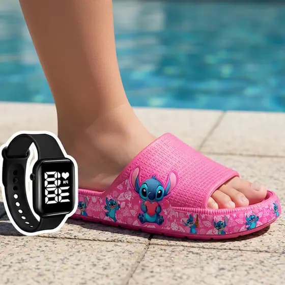 KIT Chinelo Nuvem Infantil Juvenil Menina Papete Sandália Desenhos Confortavel e Leve + RELÓGIO