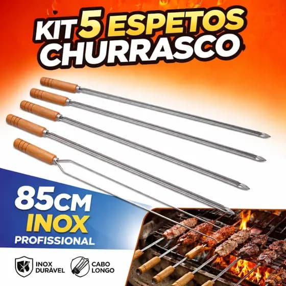 Kit 5 Espetos para Churrasco 85cm Aço Inox Kort