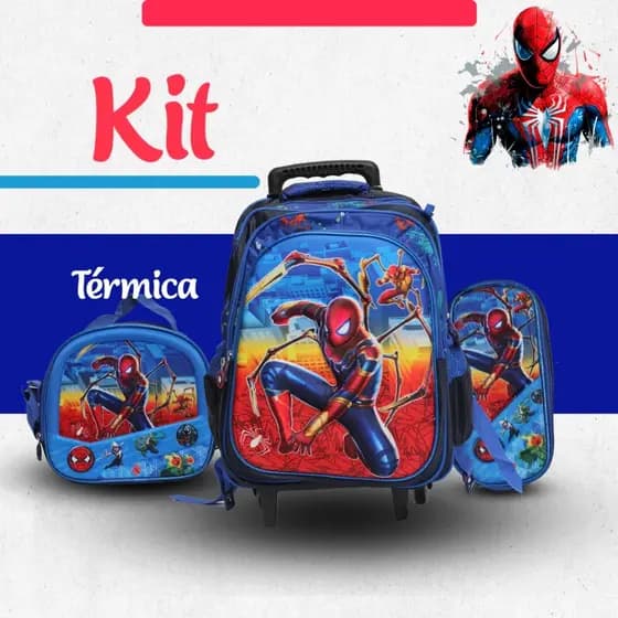 Kit mochila escolar 3D com rodinhas lancheira térmica e estojo