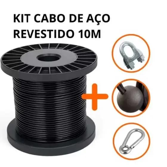 Kit 10M Cabo de Aço 1/8 4,8mm AF 6x7 c/Bolinha Mosquetão Grampo Para Aparelho Musculação Academia