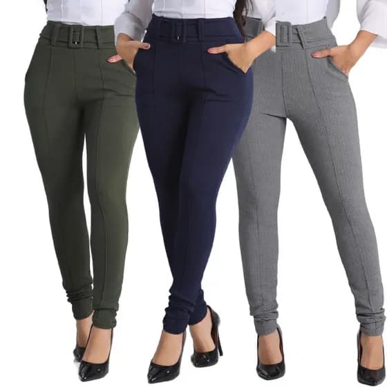 Kit 3 Calça Feminina Skinny Crepe Social Cinto Cintura Alta