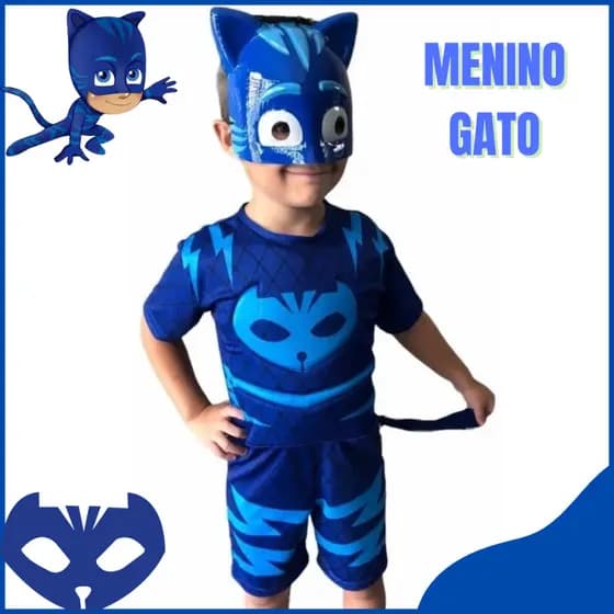 Fantasia Menino Gato Curta Pj Masks Mascara De Plastico Enchimento