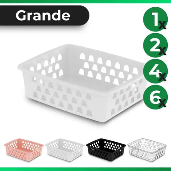 Kit com 6, 4, 2 ou 1 Cestos Organizadores Multiuso 25x19,5x7cm Grande Branco Preto Rosa Transparente