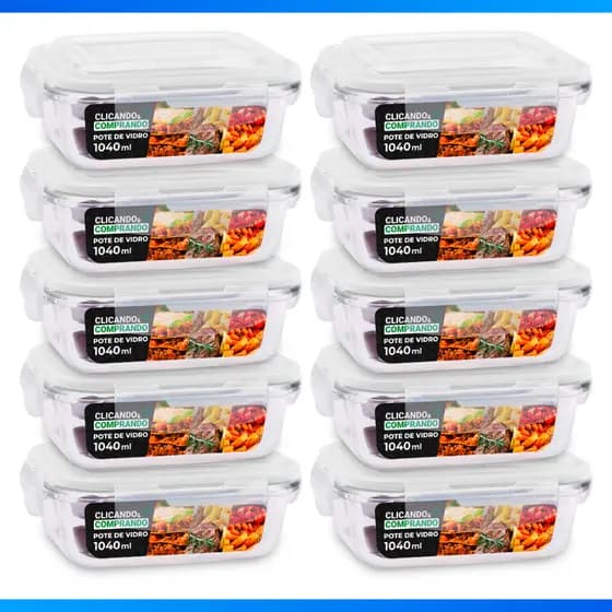 Kit com 10 Potes Herméticos de Vidro 1040ml Retangular Vedação Premium