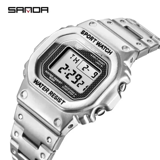 SANDA 390 Multi-Função Moda Relógios Masculinos LED Digital Relógio Masculino Pulseira De Aço Inoxidável De Pulso Casual