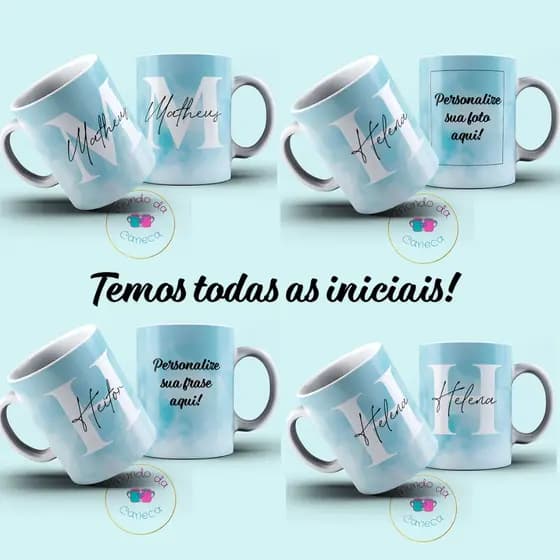 Caneca Personalizada fundo céu nuvem com Inicial e seu Nome de Porcelana