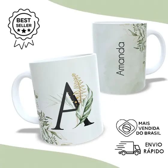Caneca Personalizada Inicial e Nome Floral Verde de Porcelana (Temos todas as iniciais)