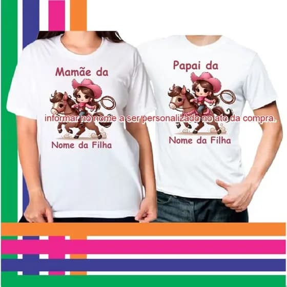 2 camisas mamãe e papai menina amazona no cavalo informar nome