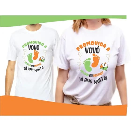 2 Camisas personalizadas pezinhos verde e laranja promovidos a vovô e vovó