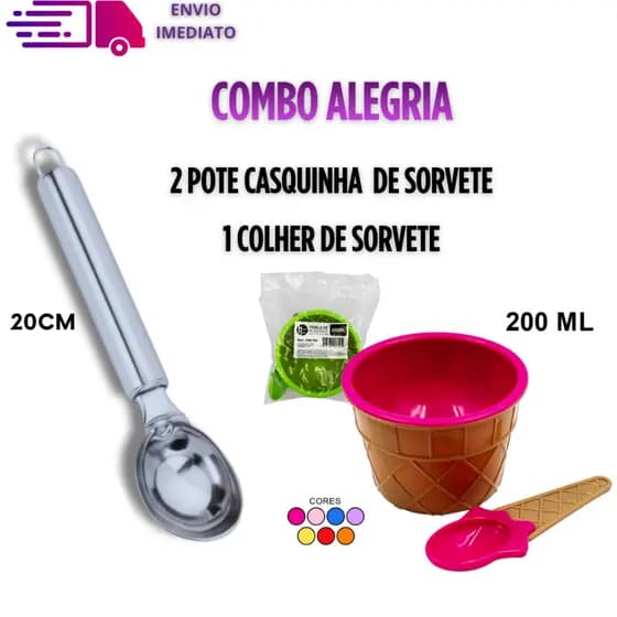 1 Colher de Sorvete e 2 Pote de Sorvete com Colher Para Sobremesas Gelada Combo Alegria