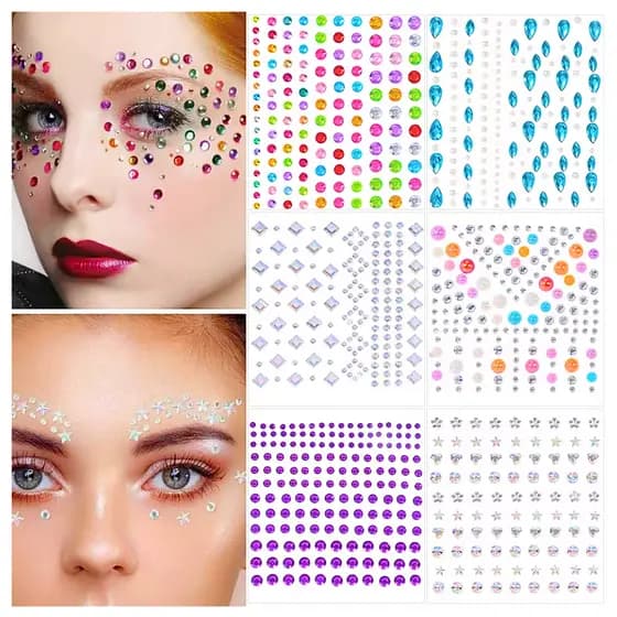 Adesivo Facial Cartela Brilho Pedraria Pedrinha Glitter Rosto Corpo Fantasia Carnaval Maquiagem