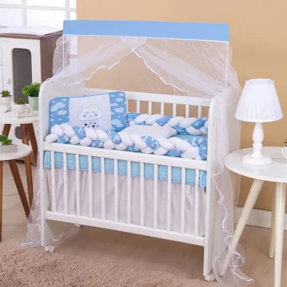 Kit Para Mini Berço Bebe Menino Trança Nuvem Azul 7 Peças