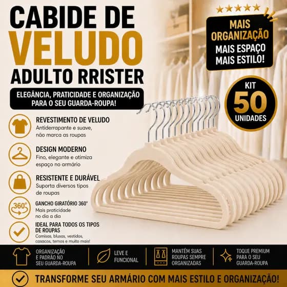 Kit 50 Cabides Adulto Ultra Finos de Veludo RRister – Protege Roupas e Deixa Seu Closet Organizado