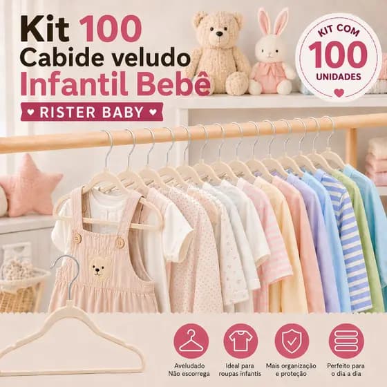 Kit 100 Cabide Veludo Bebê Infantil Slim Antideslizante Rister Baby
