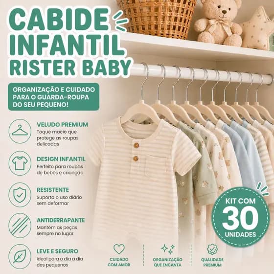 Kit 30 Cabides Bebê Veludo Rister Baby Infantil Resistente Antideslizante