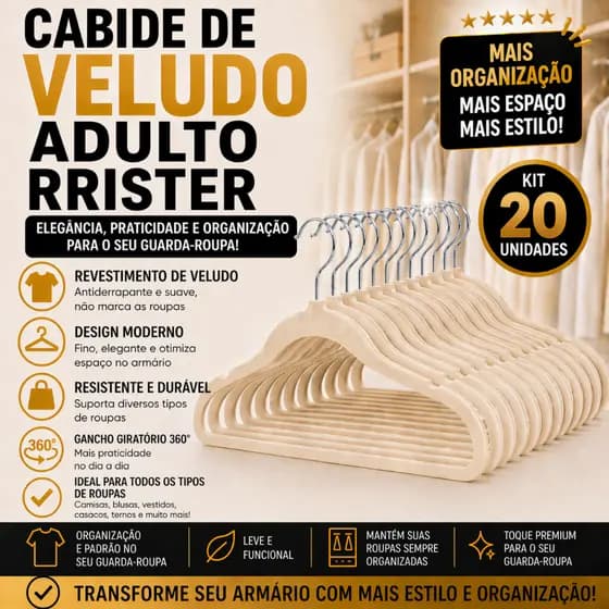 Kit 20 Cabides Adulto Ultra Finos de Veludo RRister – Protege Roupas e Deixa Seu Closet Organizado