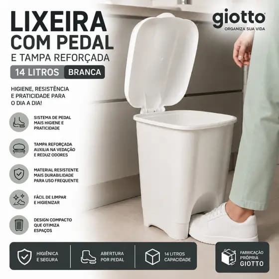 Lixeira com Pedal e Tampa 14L Branca Unidade Lixeira Cozinha Banheiro Resistente Giotto