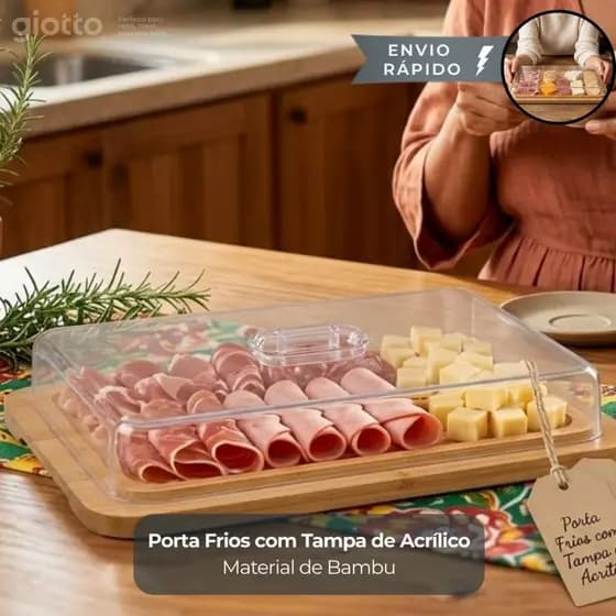 Porta Frios de Bambu e Tampa de Acrílico pegador Queijo Alimentos Cozinha Petisco mesa Armazenamento
