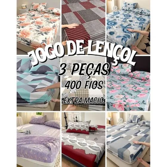 Jogo De Lençol Cama Casal 3 Peças 400 Fios Estampas Exclusivas
