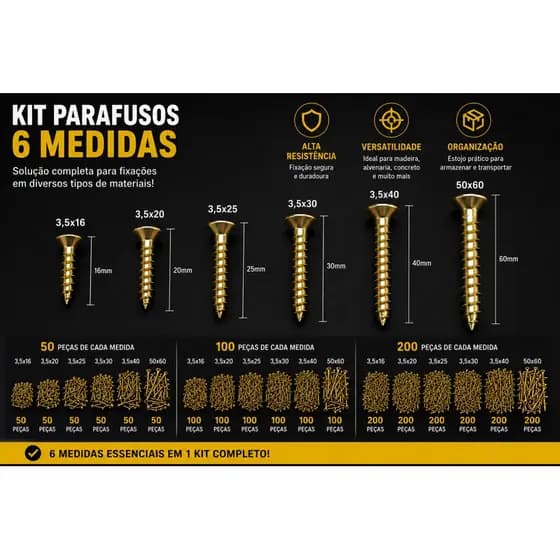 Kit 6 Medidas de parafuso chipboard chato 3,5x16 3,5x20 3,5x25 3,5x30 3,5x40 e 50x60