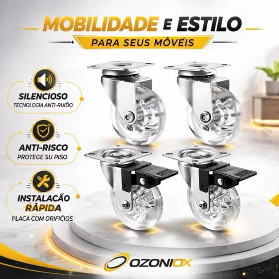 Kit 4 Rodízios Rodinha Silicone Giratório 50MM 2 Com Freio 2 Sem Freio