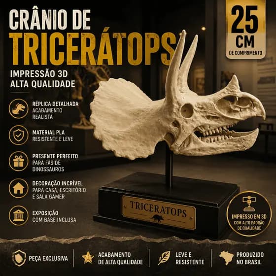 Crânio de Dinossauro Tricerátops Adulto Impressão 3D Decoração Jurassic, Colecionável, Presente para Fãs de Dinossauros