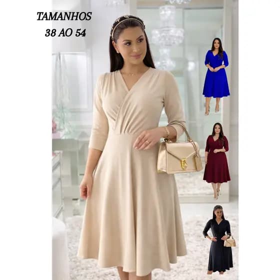 Vestido Midi Feminino Rodado Casual Decote Trespassado Manga3/4 Moda Evangélica Social Festa 38ao54