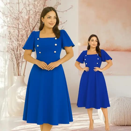 Vestido Feminino Social Mídi Rodado Manga Soltinha Decote Quadrada Botão Moda Evangélica Casual Plus