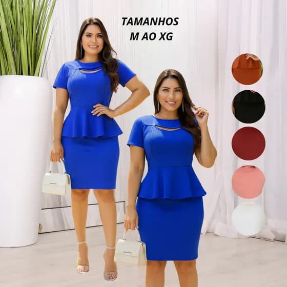 Vestido Midi Peplum Secretaria Manga Curta Gola Respiro Crepe de Malha Moda Evangélica Casual Pluz