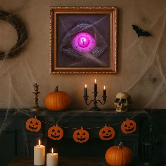 Decoração Halloween Quadro Olho Macabro Efeito 3D Luz Led Colorida Teia Aranha Dia das Bruxas Luxo