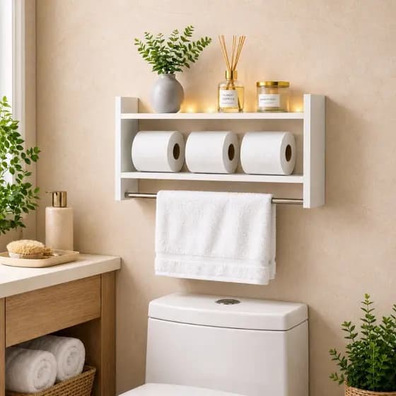 Nicho Organizador Banheiro MDF Branco com Toalheiro Porta Papel Higiênico Parede