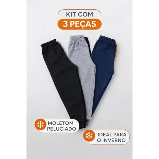 Kit 3 Calças Moletom Infantil Peluciado Menino e Menina Inverno 2 a 14 L21