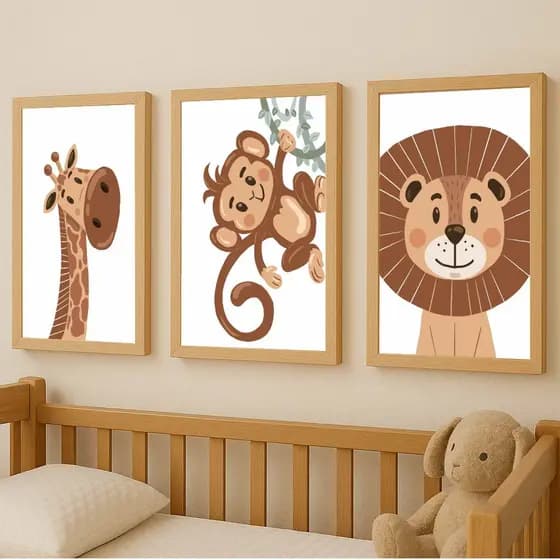 Quadros Decorativos Safari, Quadros Grandes Infantil, Kit 3 Peças, Decoração Quarto Safari