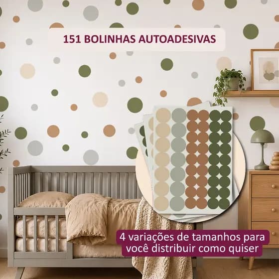 Adesivo de Parede Bolinhas Safari, 151 unidades, Vários Tamanhos, Decoração de Quarto Infantil