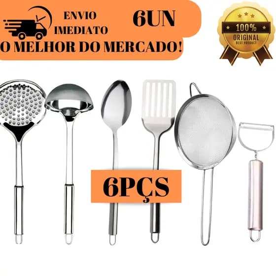KIT 06 Utensilios + Descascador E Peneira Para Cozinha 100% Inox
