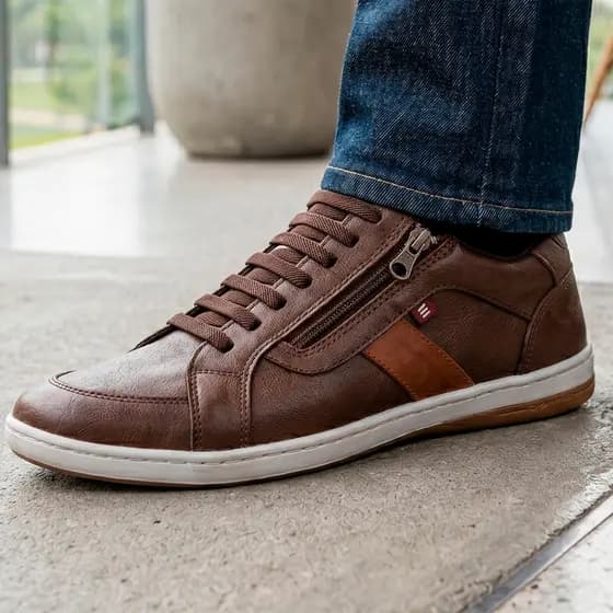 Sapatênis Masculino Couro Legítimo Calce Fácil Zíper Lateral Elástico Confortável