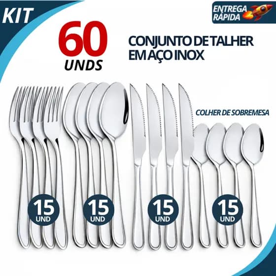 Kit Talheres 24/36/60 Peças Aço Inox Completo Faqueiro Jogo de Mesa Colheres Garfos Facas Alta Qualidade