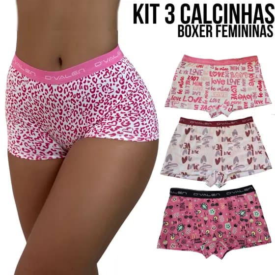 Kit 3 Calcinha Box Feminina Calcinha Boxer Shortinho Estampada Dvalen Modas