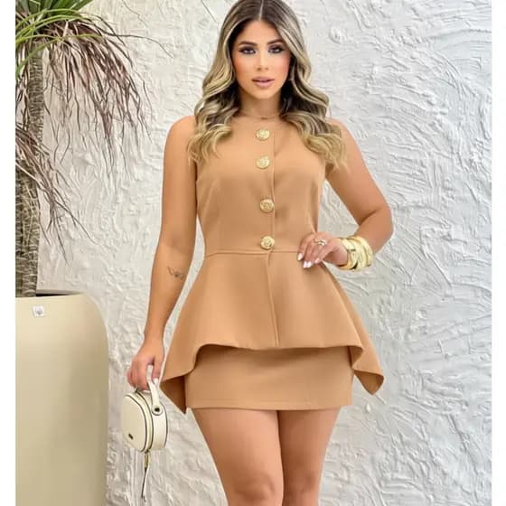 Conjunto Feminino alfaiataria Short Saia e Blusa Peplum Botões Dourados Elegante Trabalho e Eventos Liquidação2026**