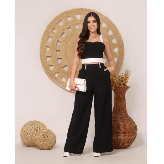 Conjunto Feminino Elegante Cropped e Calça Verão Calça Pantalona Confortável tecido sensorial Casual Liquidação2026**