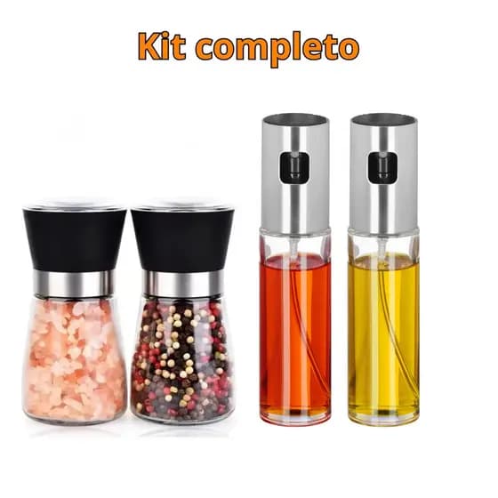 2 Moedores Vidro Sal e Pimenta + 2 Galheteiros Spray Dosador de Óleo e Azeite